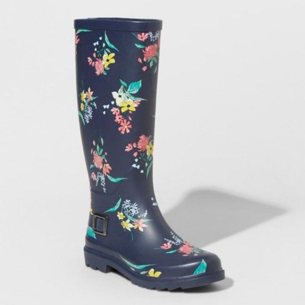 New! A New Day Navy Floral Mid Rain Boot
